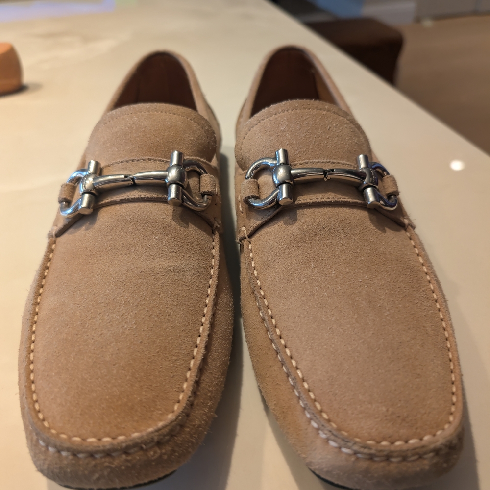 Salvatore Ferragamo Beige Suede Loafers with Silver Bit